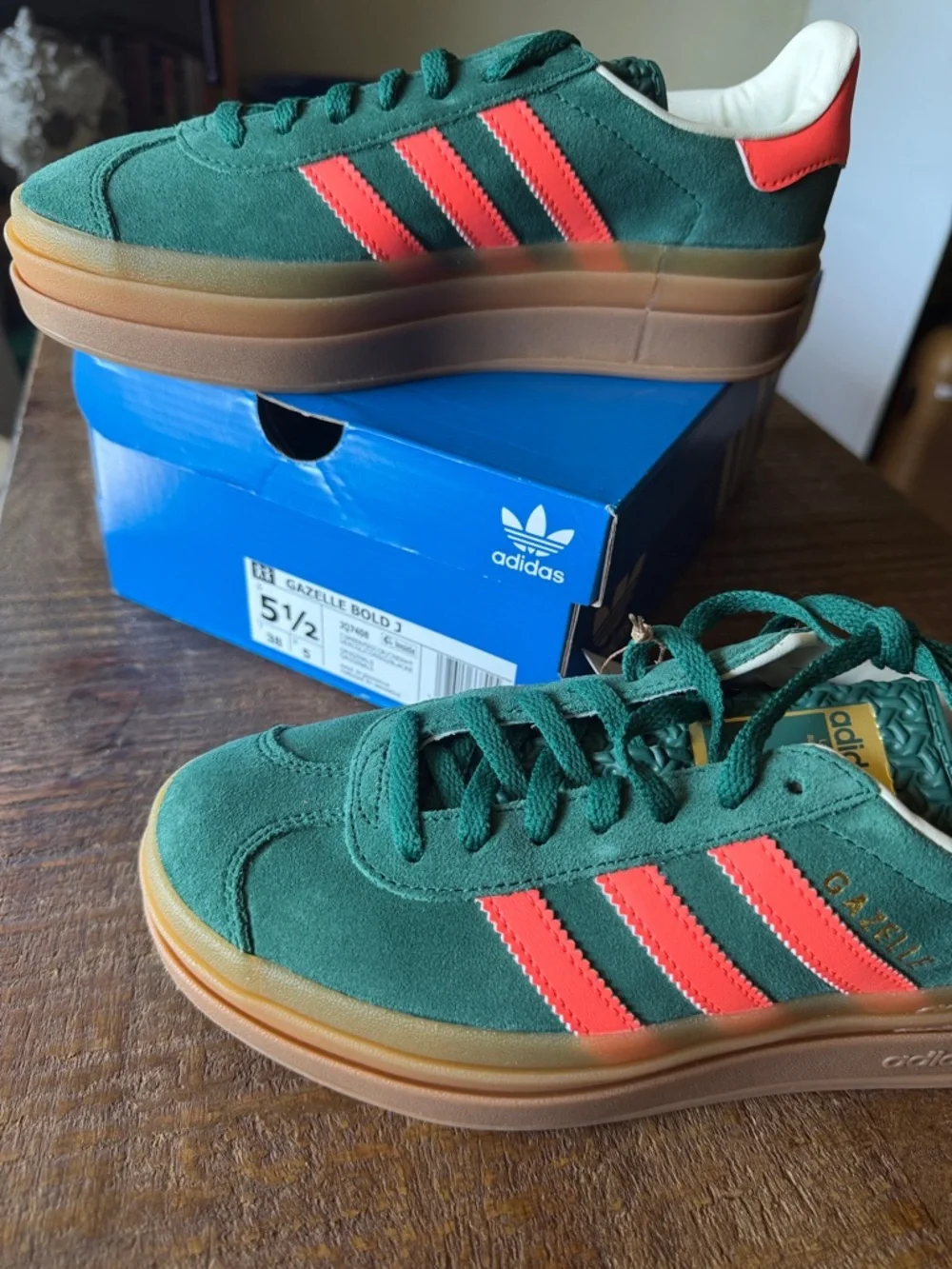 adidas Gazelle Bold Platform Sneakers - Green with coral Stripes and Gum Sole - Picture 2 of 5
